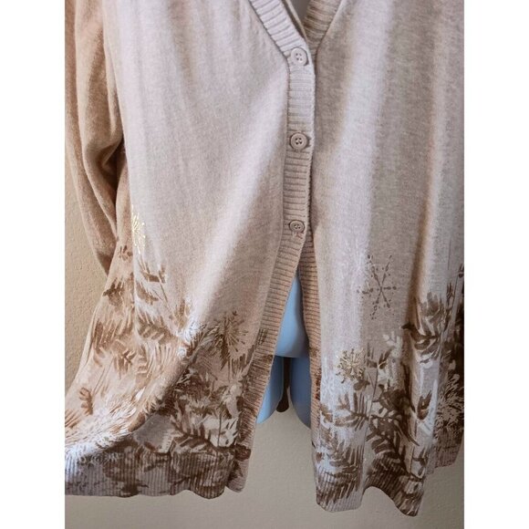 Snowflakes Winter Cardigan Sweater Gold Leaves Tan Holiday XXL - Picture 6 of 14